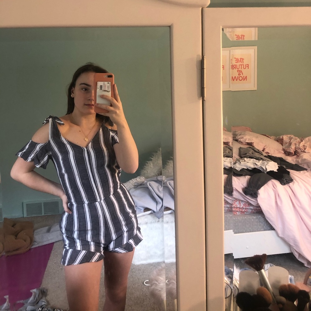 gray & white striped formal romper